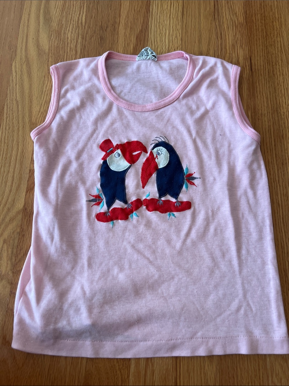 Vintage Sears Girls 12 Pink Sleeveless Top with Parrot Appliqué